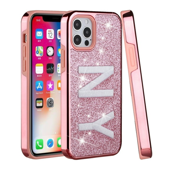 For Apple iPhone 13 Pro (6.1") Luxury Bling Glitter Shiny Chrome with Embroidery Hybrid Hard PC Frame Pink Cover ,Xpm Phone Case [ NY ]