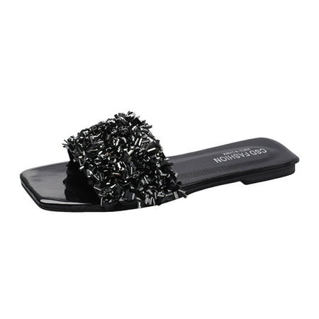 

GHSOHS Slippers for Women Vintage Sandals Womens Shoes Leather Sandals Flat Sandals Comfort Sandals Women s Summer New Sequined Low Heel Fashion Wear Korean Comfort Flat Slides Casual Shoes 38