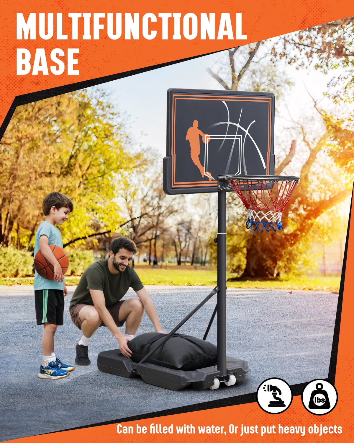 SERAY Basketball Hoop with 44 inch Backboard and 2 Wheels, Basketball Hoop Outdoor 3.8-10 feet Adjustable Height for Kids/Adults Outdoor/Indoor Sports