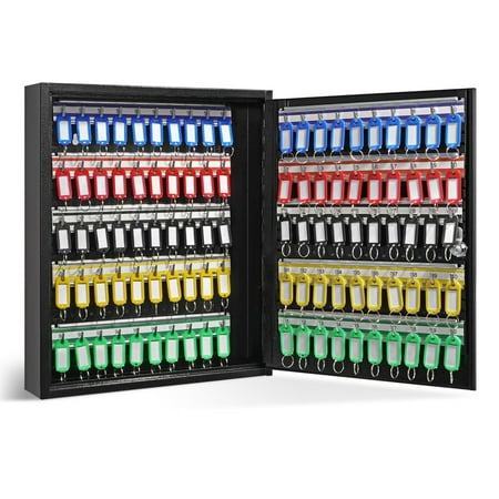 HCY 100-Key Cabinet Key Lock Box with Adjustable Racks Security Key Storage Box Steel Key Organizer with 100 Colorful Key Tags and 2 Record Cards for School Office Hotel