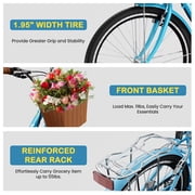 7 Speed 26IN Beach Cruiser Bike for Adult with Basket & Lock, Lightweight Step Through Women Bicycles, Shimano City Commuter Bicycle for Women Men, Shoping and Exercise
