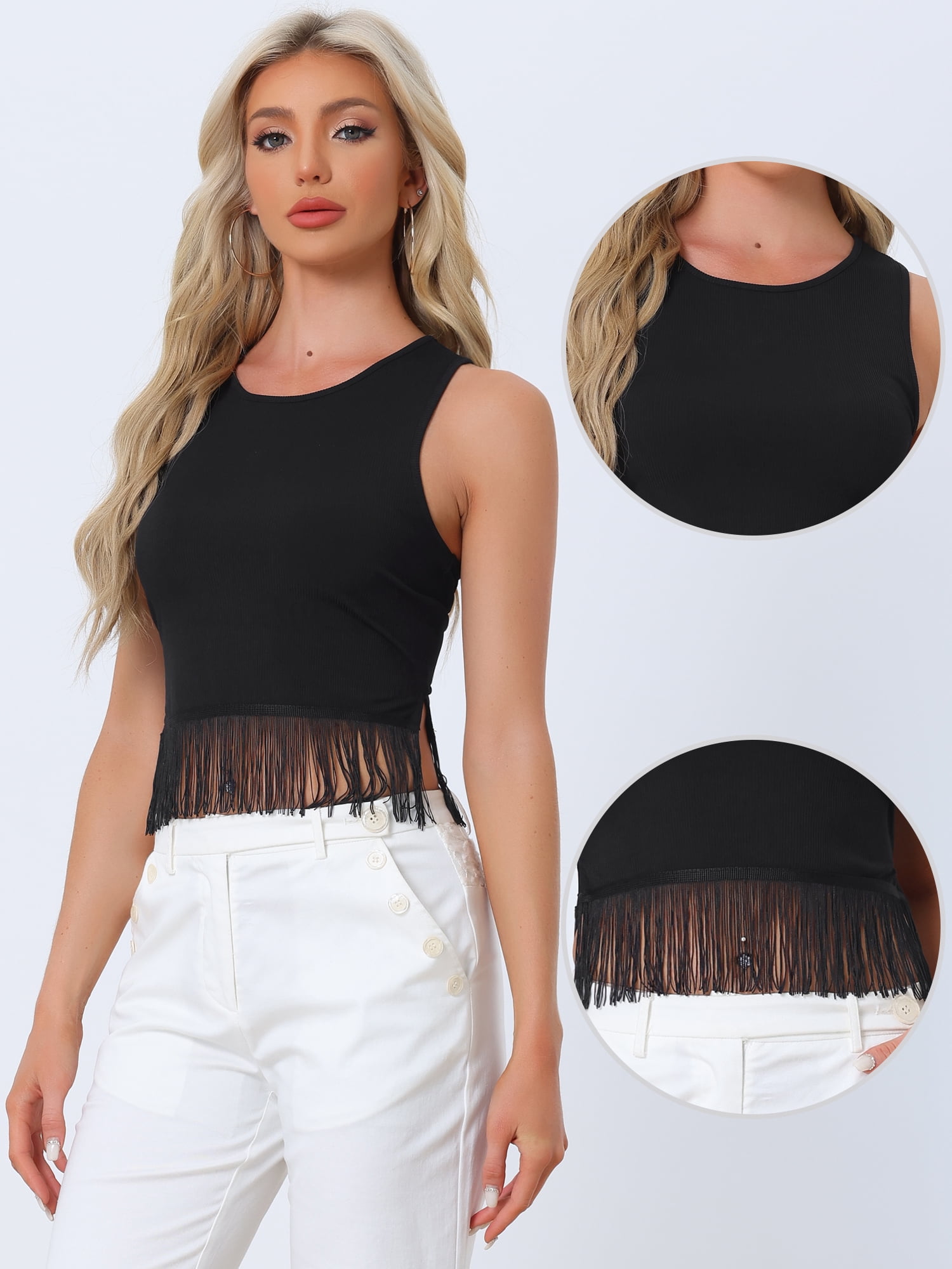 DARING DIVA Women's Ribbed Knit Tank Crew Neck Crop Tassel Trim Vest XL Black