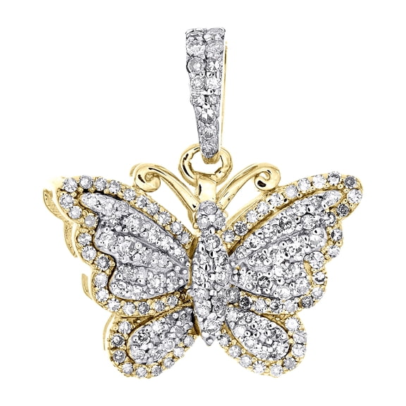 10K Yellow Gold Round Diamond Double Frame Butterfly Pendant 0.70" Charm 3/8 CT.