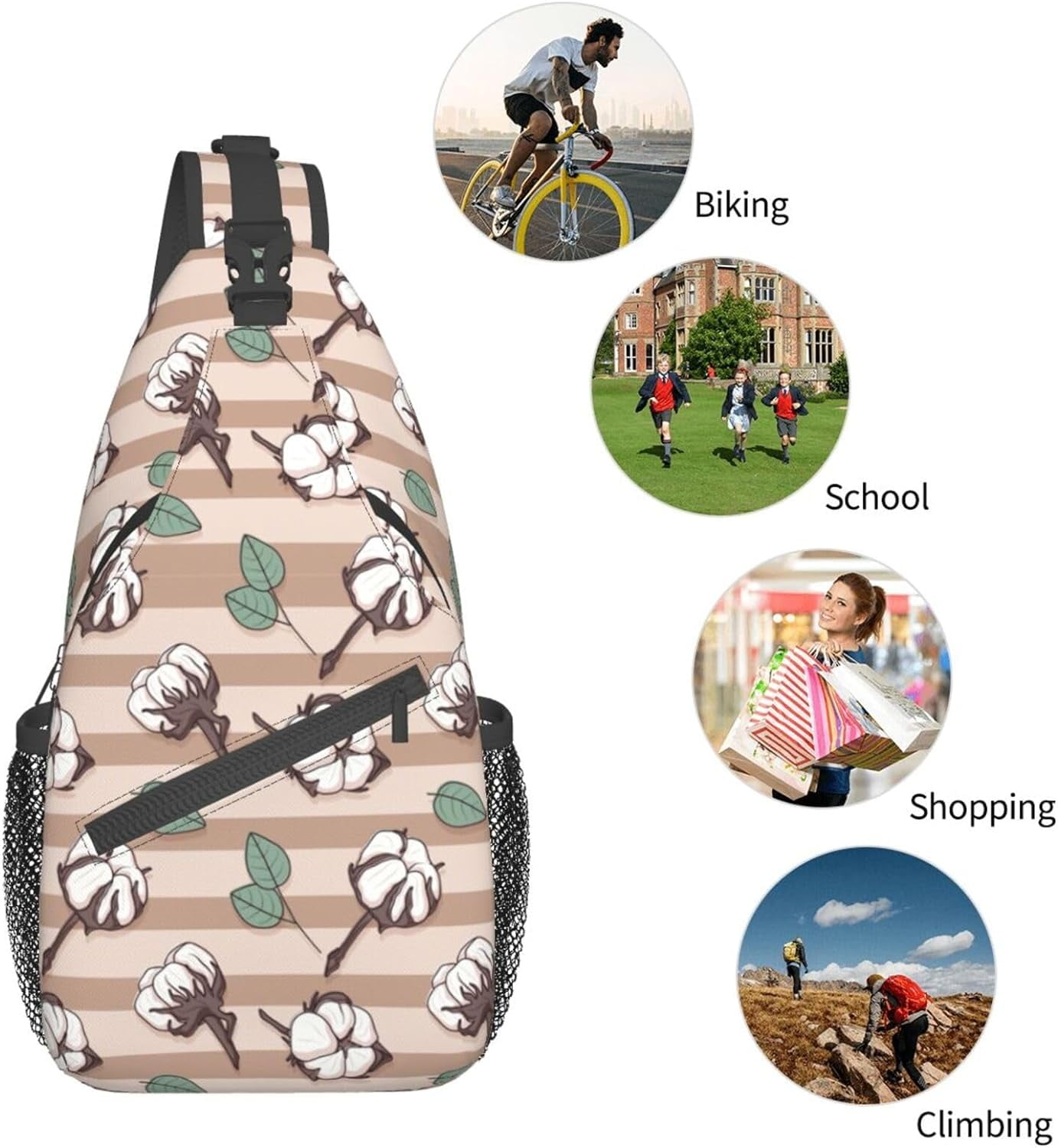 Cartoon Cotton Flower Pattern Sling Bag Crossbody Hiking Travel Chest Bags Backpack Shoulder Daypack for Women Men