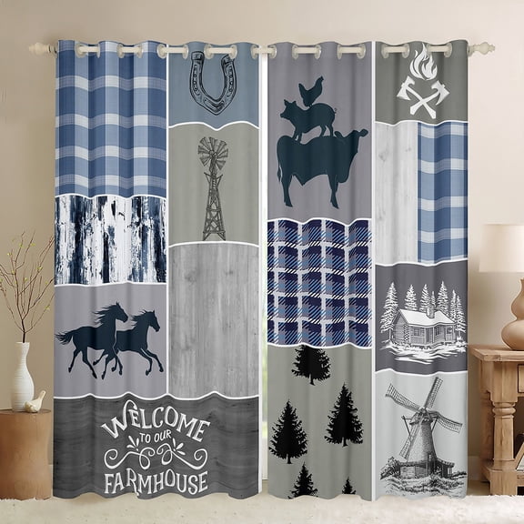 Homewish Rustic Western Farmhouse Black Out Curtains,Retro Windmill Curtains Pack of 2 (42x63 Each),Gray Blue Checkered Bedroom Curtains For Boys Teens,Ultra Soft Home Decor