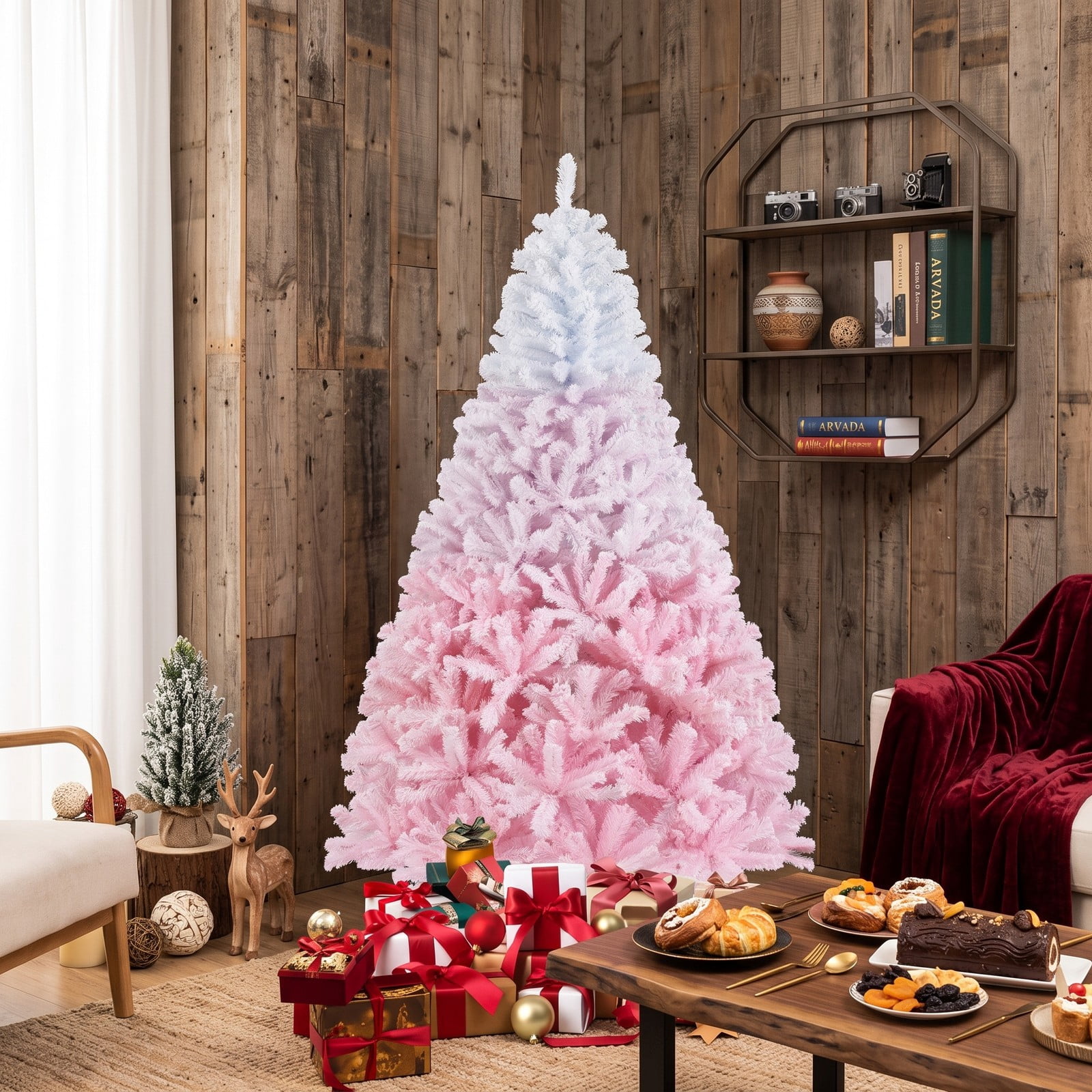 RUIE 7FT Artificial Christmas Tree, Pre-Assembled Hinged Pine Holiday Tree with 1264 Flocked Branch Tips and Folding Metal Stand, Snow Gradient Flocked, White & Pink