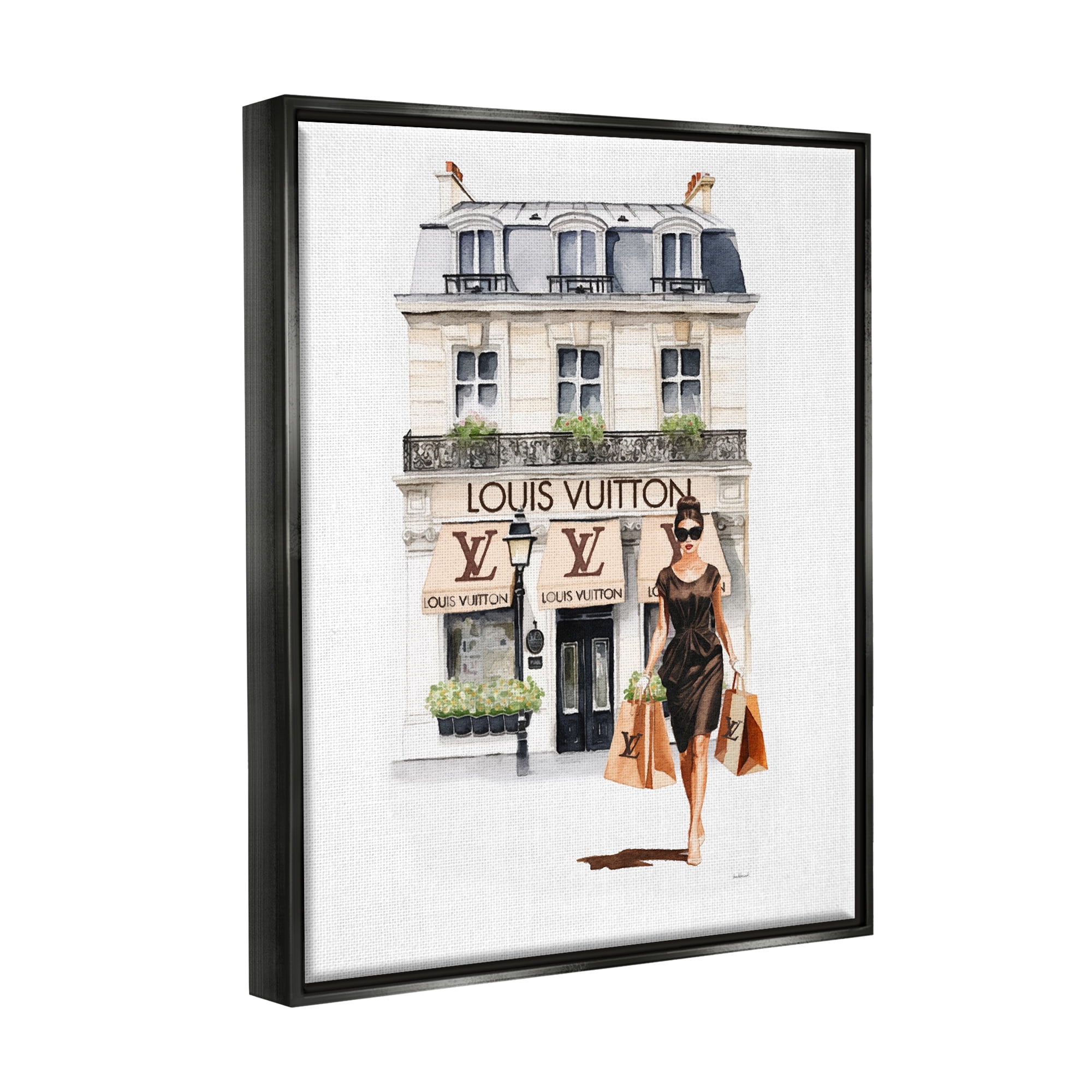 Stupell Industries Fashion Girl Shopping Town & City Painting Black Floater Framed Canvas Art Print Wall Art, 17 x 21