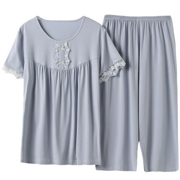 Women's Pajama Set, Short Sleeve Round Neck Two Piece Set with Cropped Pants, Soft Cotton Linen Loungewear for Sleep and Casual Wear