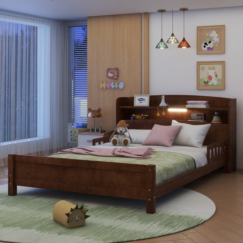 Full Size Bed Frame with Storage , Wood Full Bed with LED Lights and Storage Headboard, Full Size Platform Bed with Slats Support ,No Box Spring Needed, Walnut