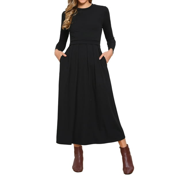 Vestido Maxi de Punto Acanalado INSPIRE CHIC para Mujer, Cintura Alta, Con Pliegues en la Parte Frontal, Manga Larga, Corte A, Talla S, Color Negro