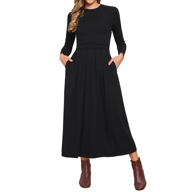 Vestido Maxi de Punto Acanalado INSPIRE CHIC para Mujer, Cintura Alta, Con Pliegues en la Parte Frontal, Manga Larga, Corte A, Talla XS, Negro