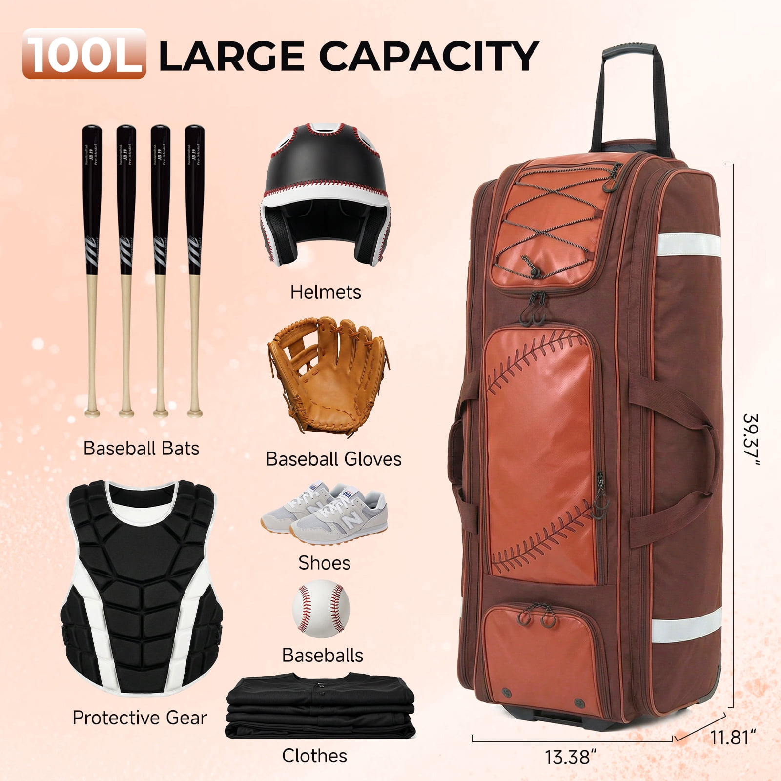 Fegat Rolling Baseball Bag, 100L Large Catcher Gear Bag Softball Bags with Wheels, Youth Equipment Bag Holds 8 Bats, Full Set, with Fence Hooks, Reflective Strip, Shoe Compartment