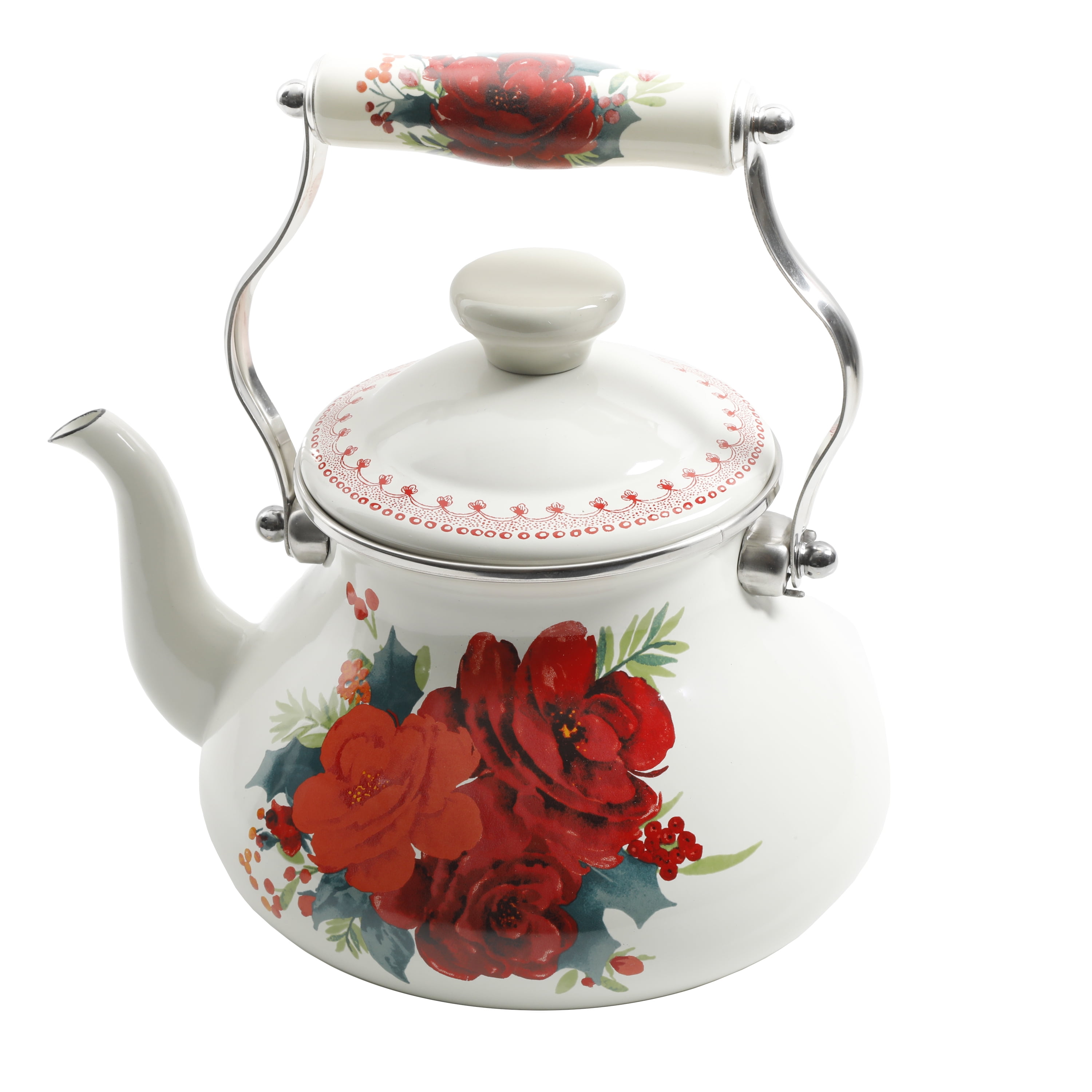 The Pioneer Woman Cheerful Rose Enamel on Steel 1.9 Quart Tea Kettle