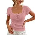 thumbnail image 3 of Lcziwo Womens Henley Summer Shirts Short Sleeve Square Neck Y2K Blouses Lace Trim Slim Fitted Casual Trendy Tops Pink,M, 3 of 7