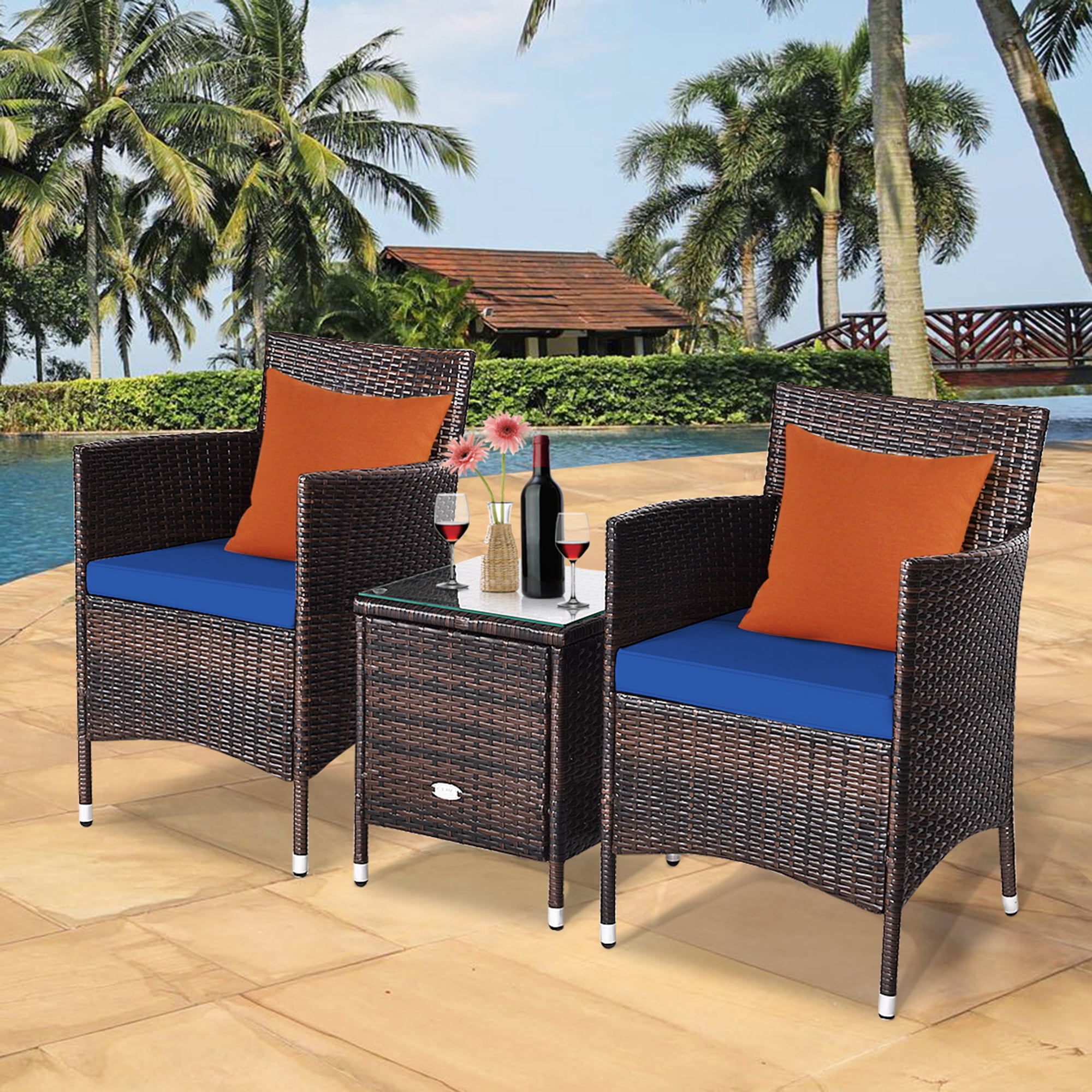 Gymax 3PCS Patio Rattan Chair & Table Furniture Set Outdoor w/ Navy Cushion