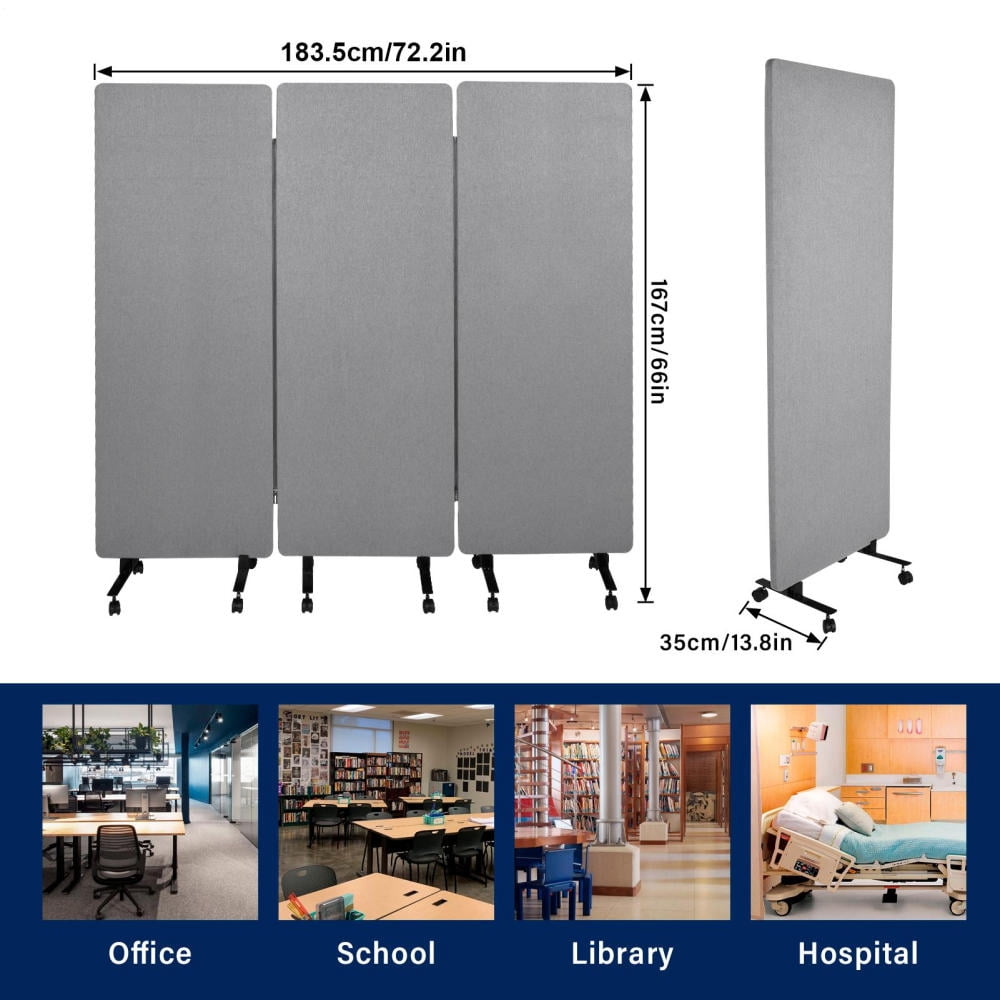Freestanding Acoustic Room Divider, 3 Panel PET Polyester Soundproof Room Screen with Wheels, Portable Partition Divider for Office, Reception Room, School, Hospital