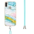 thumbnail image 3 of Allytech Galaxy A11 Case, Fashionable Marble Pattern Flexible TPU Slim Fit Heavy Duty Protection Anti-scratch Stylish Back Cover Case with Hand Strap for Samsung Galaxy A11, Green Pink, 3 of 4