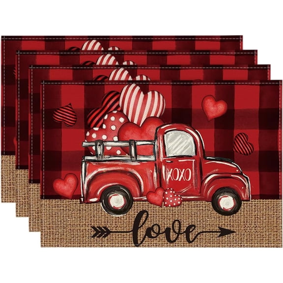 Valentine Placemats Set of 4, 12x18 Inch Black Red Buffalo Plaid Hearts Truck Love Table Mats for Party Kitchen Dining Decoration