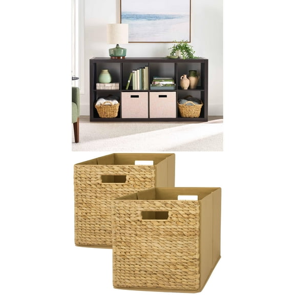 Better Homes & Gardens 8 Cube Storage Organizer and Better Homes & Gardens Fabric Cube Storage Bins (12.75" x 12.75"), Water Hyacinth, 2 Pack