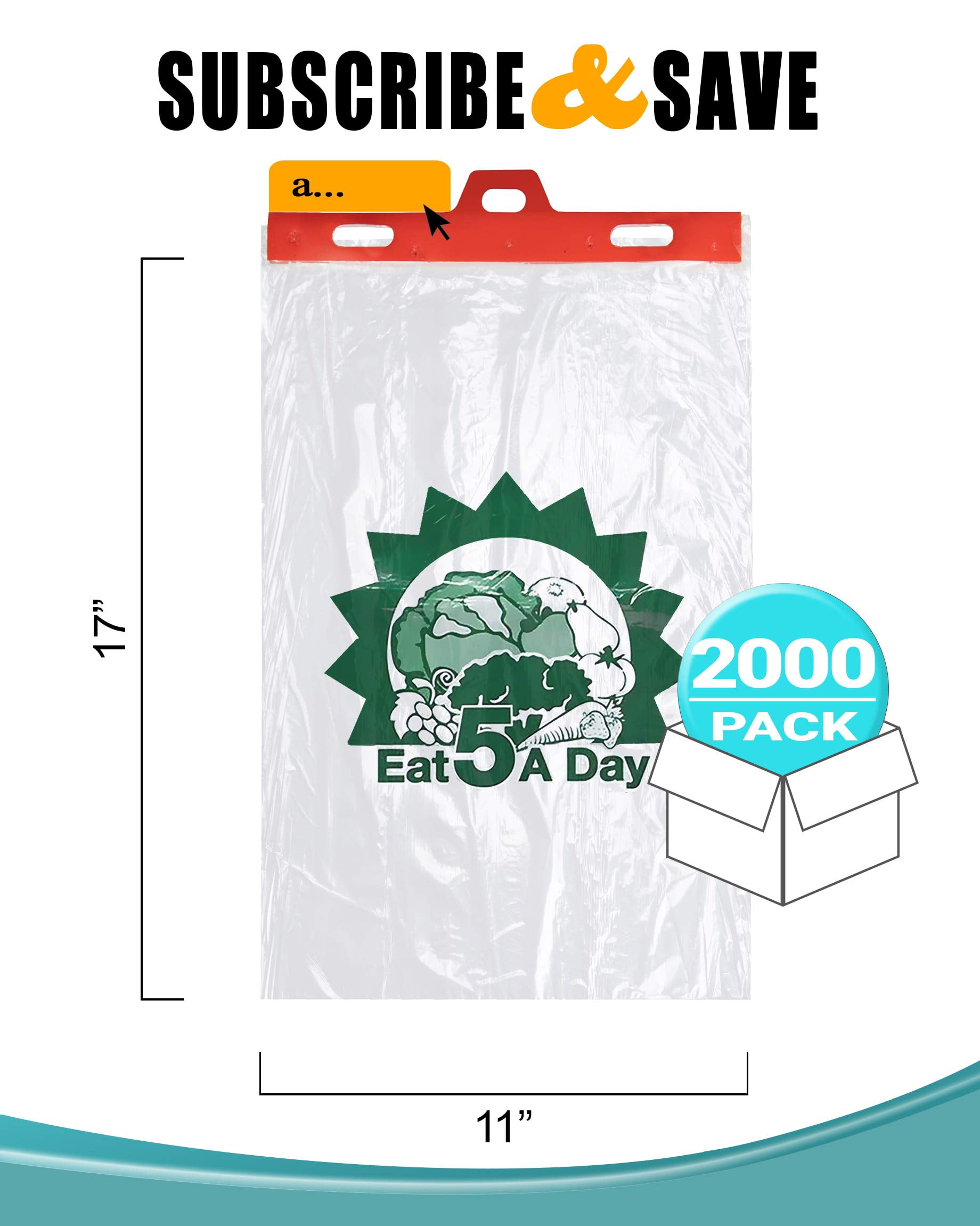 Produce Bags on Headers, 2000 count, 11 x 17 in + 2 in Lip, 0.55 mil LDPE, Clear Printed