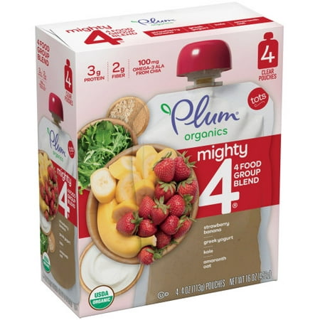 Plum Organics Mighty 4 Blends Strawberry Banana, Greek Yogurt, Kale, Oat & Amaranth, 4oz (Pack of