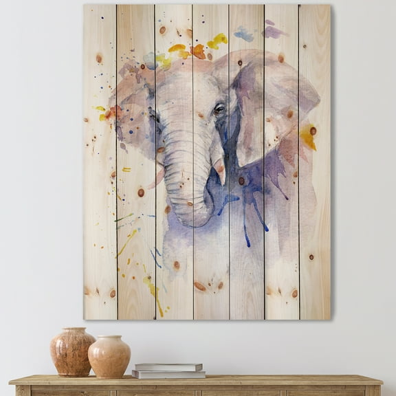 Designart 'Portrait of An Elephant Yellow and Blue Strokes' Farmhouse Print on Natural Pine Wood