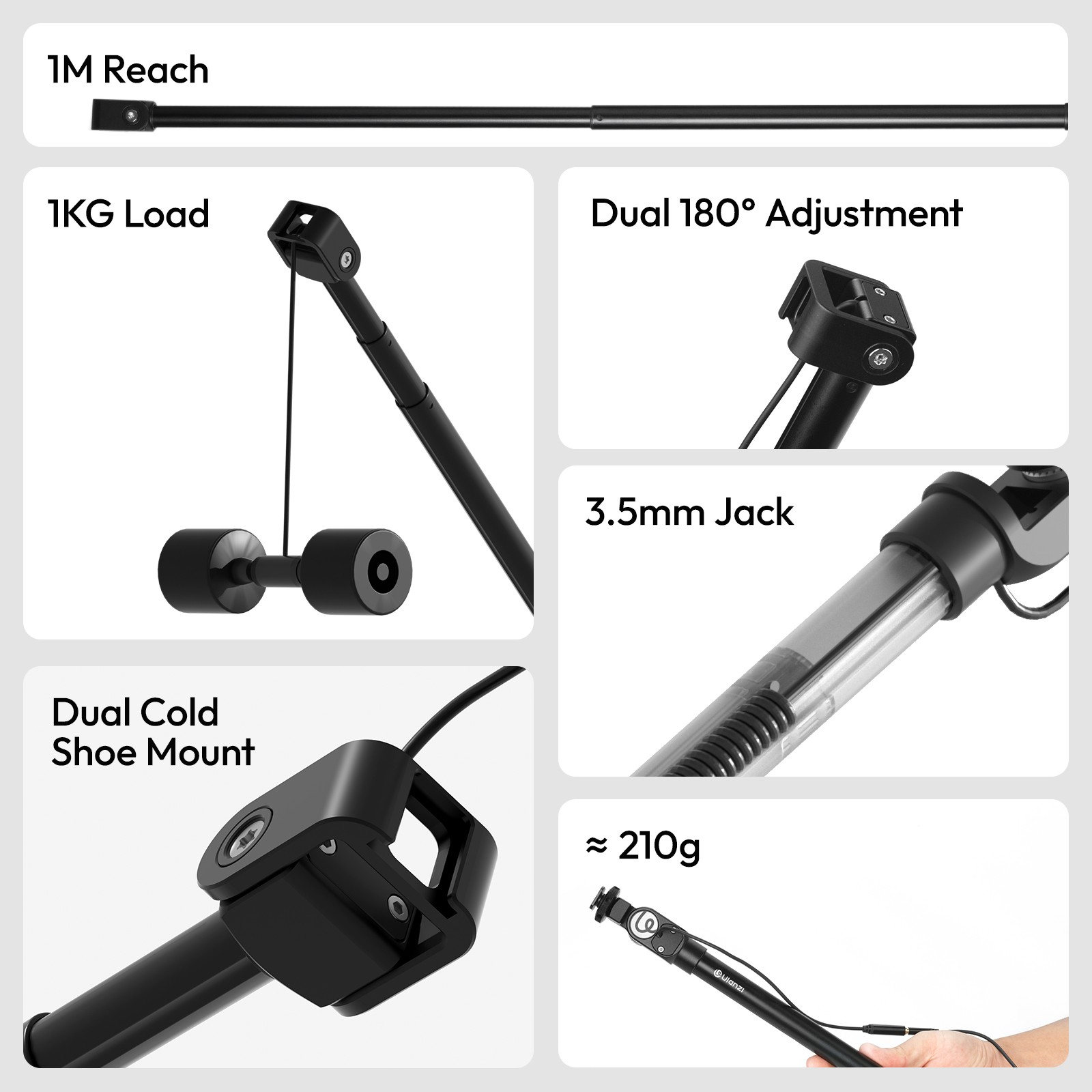 Ulanzi ZJ08 Mic Boom Pole Arm – 1m Aluminum Alloy Extendable Microphone Extension Rod with Dual Cold Shoe Mounts for DSLR, Vlogging & Filmmaking