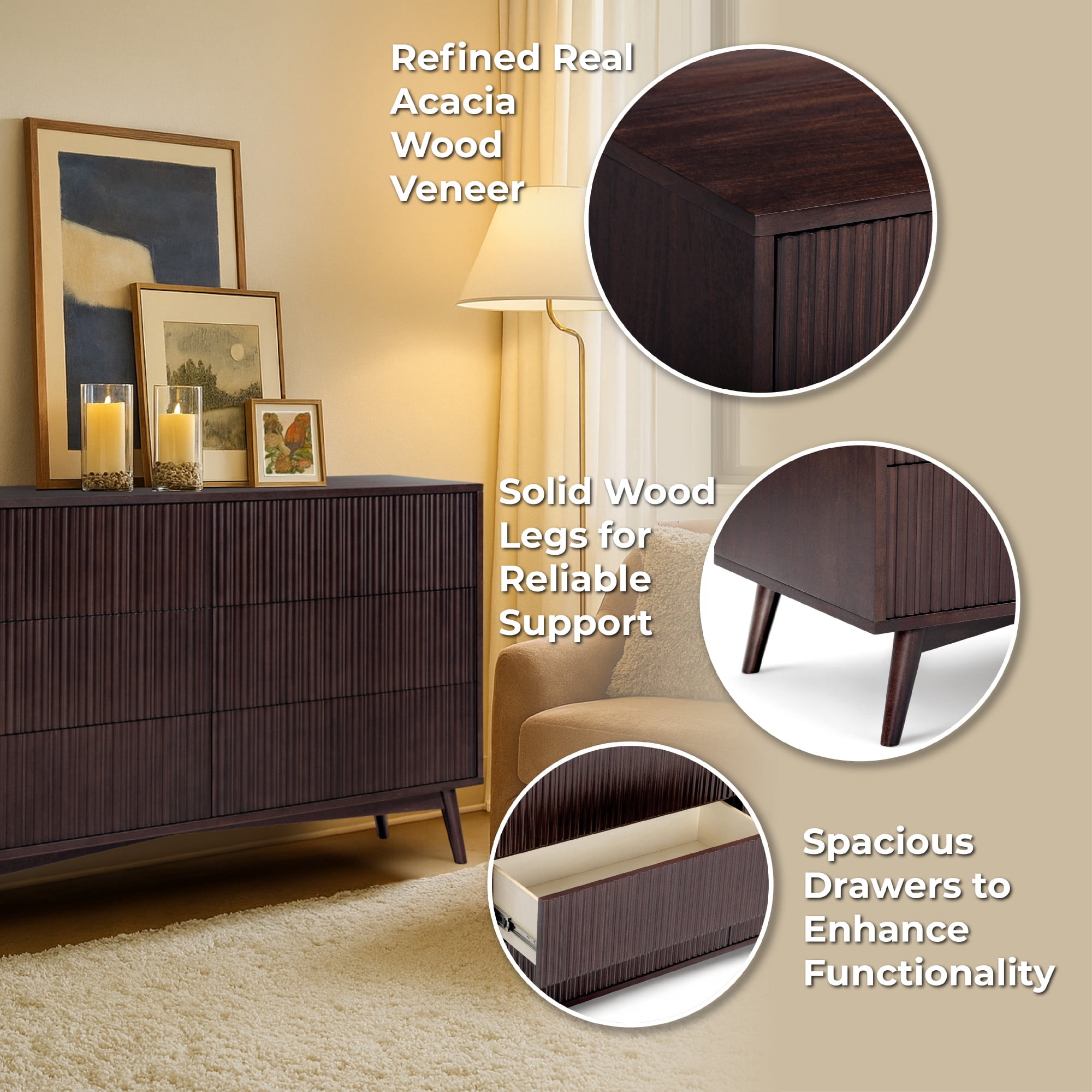 Tremolo Modern Boho 6-Drawer Dresser with Solid Wood & Contemporary Fluted Fronts - Teamson Home