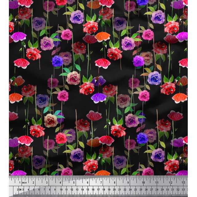Soimoi Poly Georgette Fabric Leaves & Rose Floral Print Fabric by Yard 52 Inch Wide