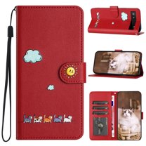 Phone Case for Google Pixel 6a, Folding Faux Leather Cute Animal Pattern Wallet Flip Cover with Card Holder & Wrist Strap, Magnetic Closure Shockproof Kickstand Phone Case - Red