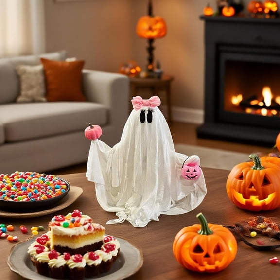 Pink Ghost Decorations Halloween Spooky Ghosts with Pink Bow Table Decor Scary Halloween Centerpiece Party Home Table Room Kitchen Office