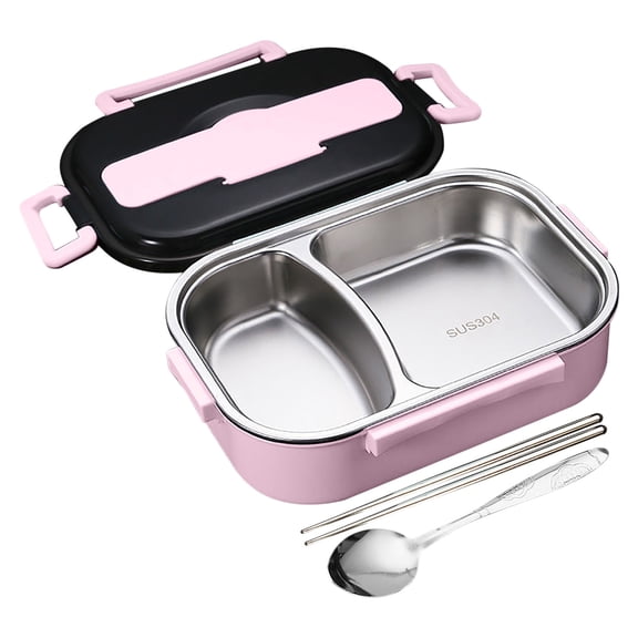 2-Compartment 304 Stainless Steel Bento Lunch Box, 9.06"×6.69"×2.76" Leakproof Meal Prep Container with Built-in Spoon & Chopstick Storage for Office Camping Picnic Food Storage