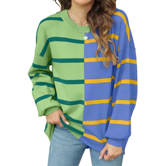 Womens Striped Pullover Sweater Crew Neck Long Sleeve Knitted Color Block Casual Loose Lightweight Sweaters for Women