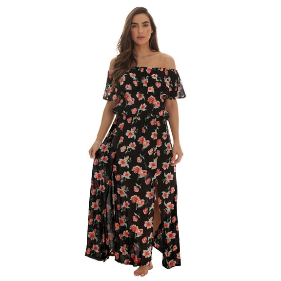 Riviera Sun Rayon Crepe Printed Maxi Dress for Women (Small, Black - Floral)