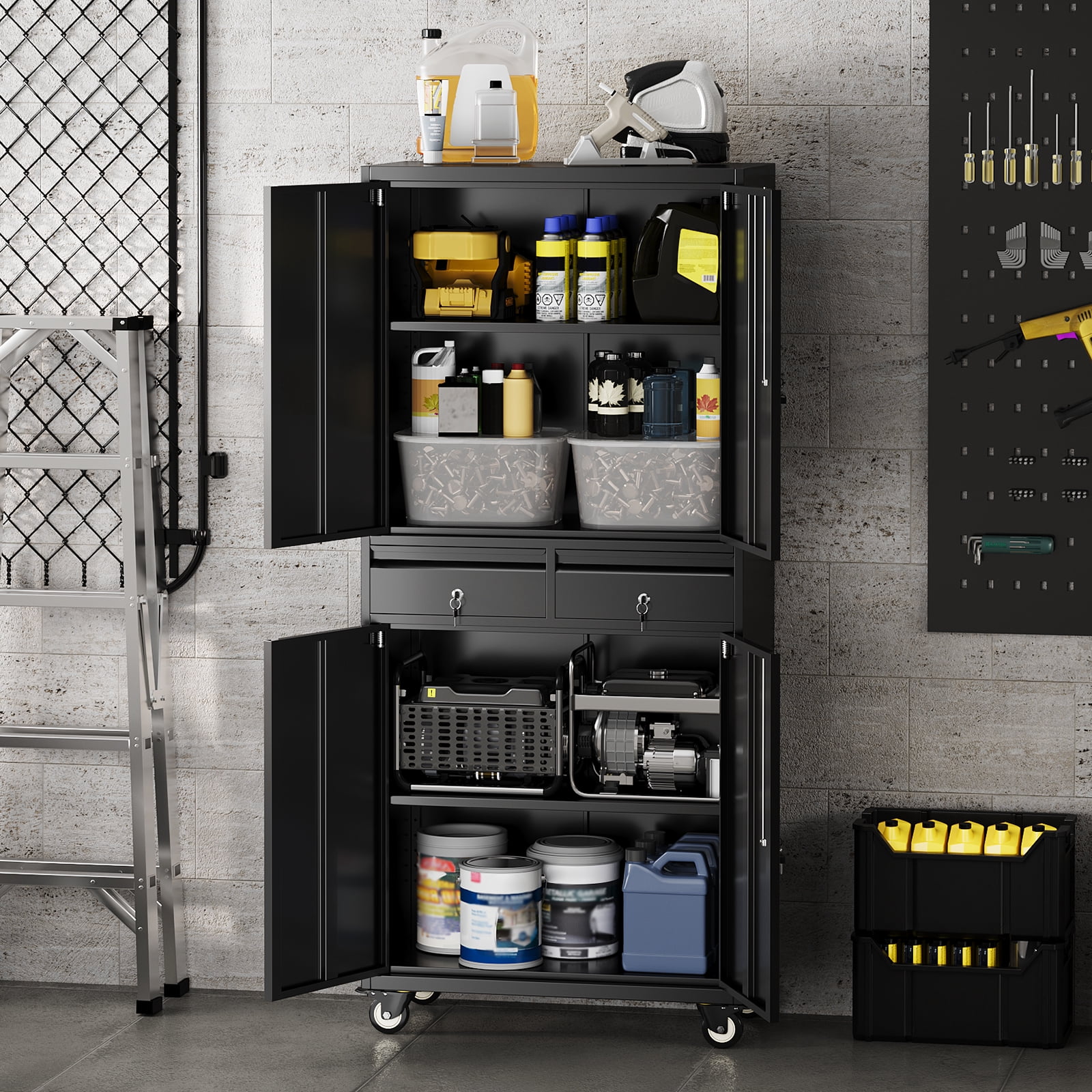 Heavy Duty 73'' Metal File Cabinet for Office & Workshop, 2 Drawers, Locking Doors, Adjustable Shelves, Mobile Wheels, Secure Steel Storage Cabinet