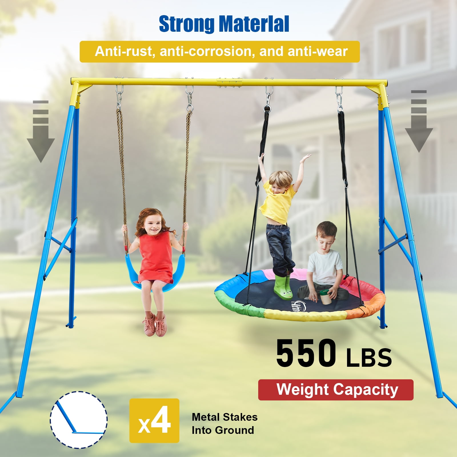 Hishine Swing Stand Metal Frame for Backyard, Heavy Duty Full Steel A-Frame with Ground Stakes, Fits 2 Swings Extra Large Outdoor 550lbs