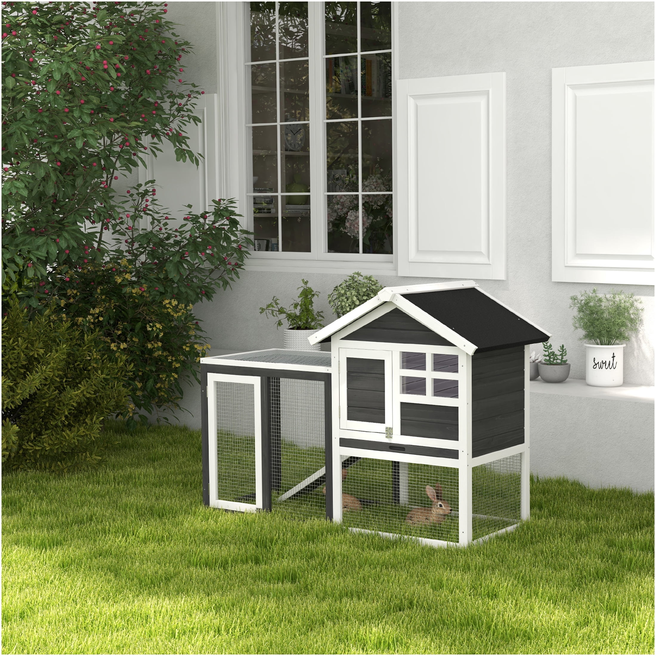 JERFIT 48 Inch Outdoor Rabbit Hutch with Waterproof Roof, Removable Tray & Ramp, Bunny Cage with Open Play Area, Grey and White