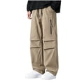 thumbnail image 2 of vdgthytj Cargo Pants for Men Pleated Elastic Drawstring Waist Wide Leg Baggy Streetwear Fall Casual Outdoor Pants with Pockets(X-Large,Khaki), 2 of 6