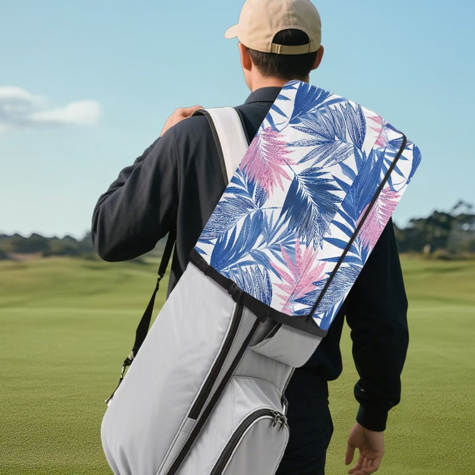 Chririnla Blue Monstera Portable Golf Bag Dust Cover with Snap Button Universal Club Protector for Most Stand Bags, Cart Bags & Tour Bags