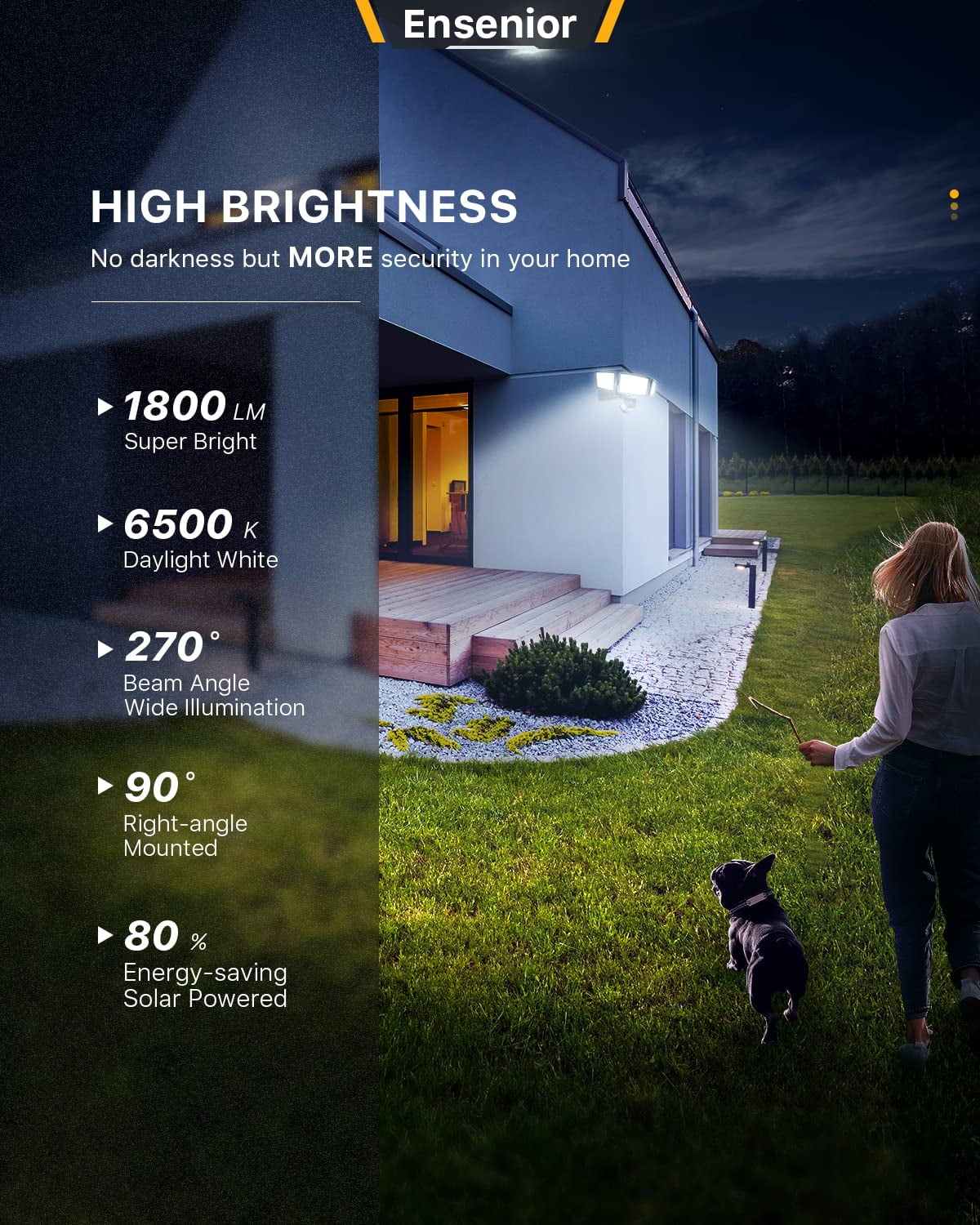 Ensenior 5 Motion Sensor Modes Solar Security Light, 1800LM 270° Wide Angle 3 Heads LED Flood Lights, IP65 Waterproof Wall Lights, Separate Solar Panel Remote Control Solar Lights Outdoor 2 PACK