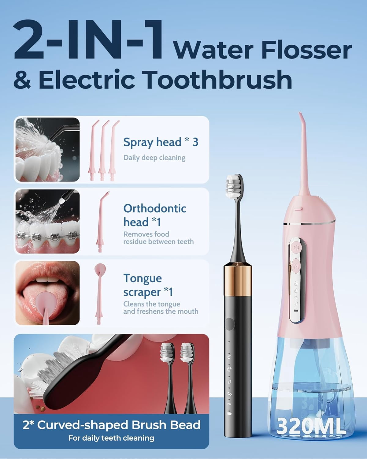 Electric Toothbrush Water Flosser Adults, Sonic Electric Toothbrush and Electric Floss for Adults and Kids, Water Dental Picks, Cleaning and Flossing Dental Care, Waterproof