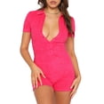thumbnail image 1 of Gureui Women's Bodycon Jumpsuit, Turn-down Collar Solid Color Short Sleeve Stripe Textured Slim Fitting Bodysuit Short Playsuit, 1 of 4