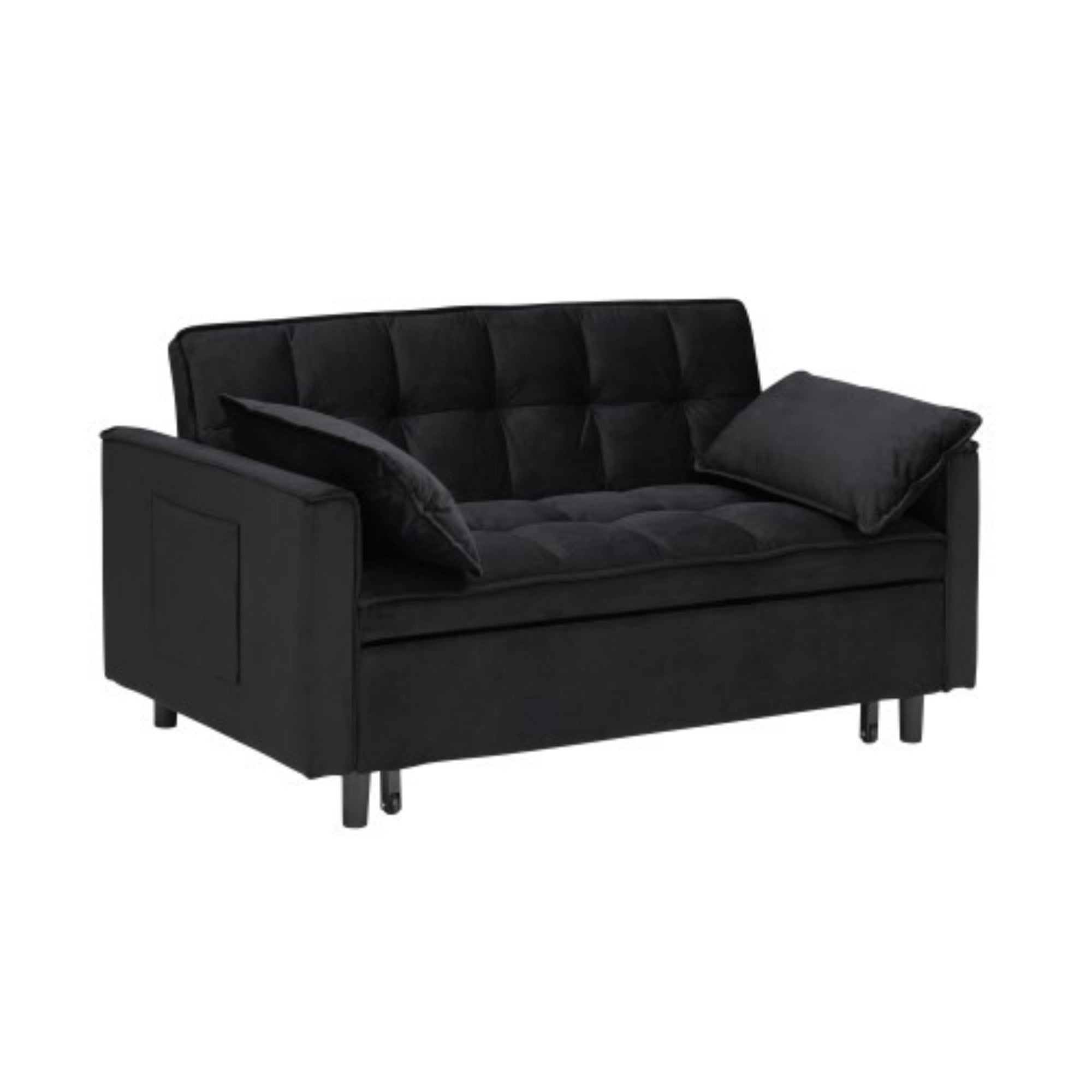 Velvet Loveseat Sofa Bed, 3-in-1 Convertible Sleeper Couch with Pullout Bed & Reclining Backrest, Black
