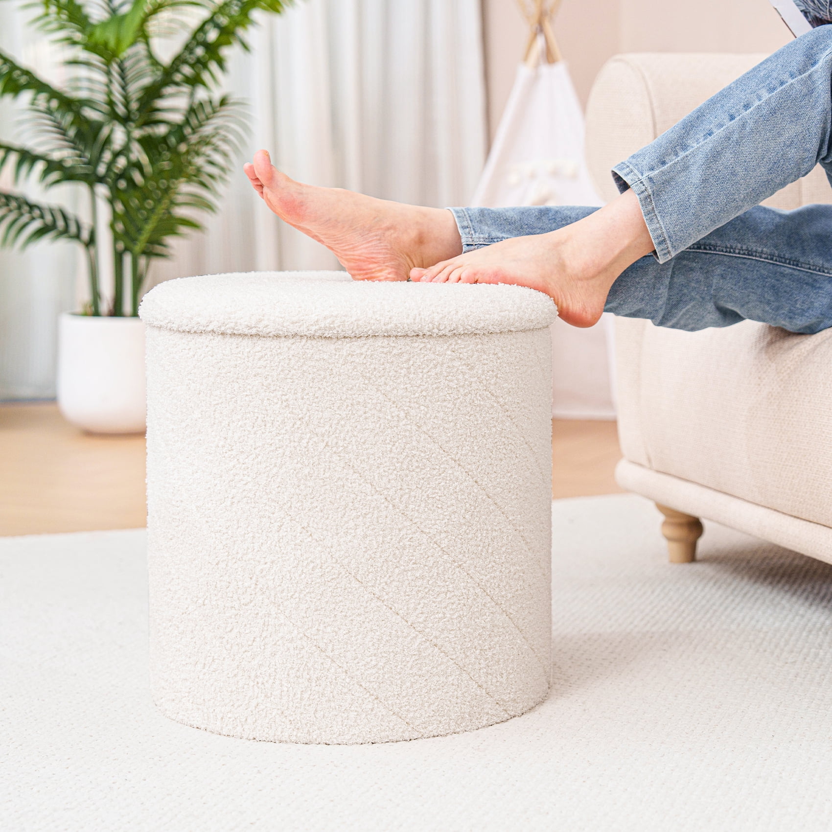PINPLUS 16.9" Storage Ottoman with Tray Collapsible Foot Rest Stool Seat for Living Room White,Sherpa Fabric