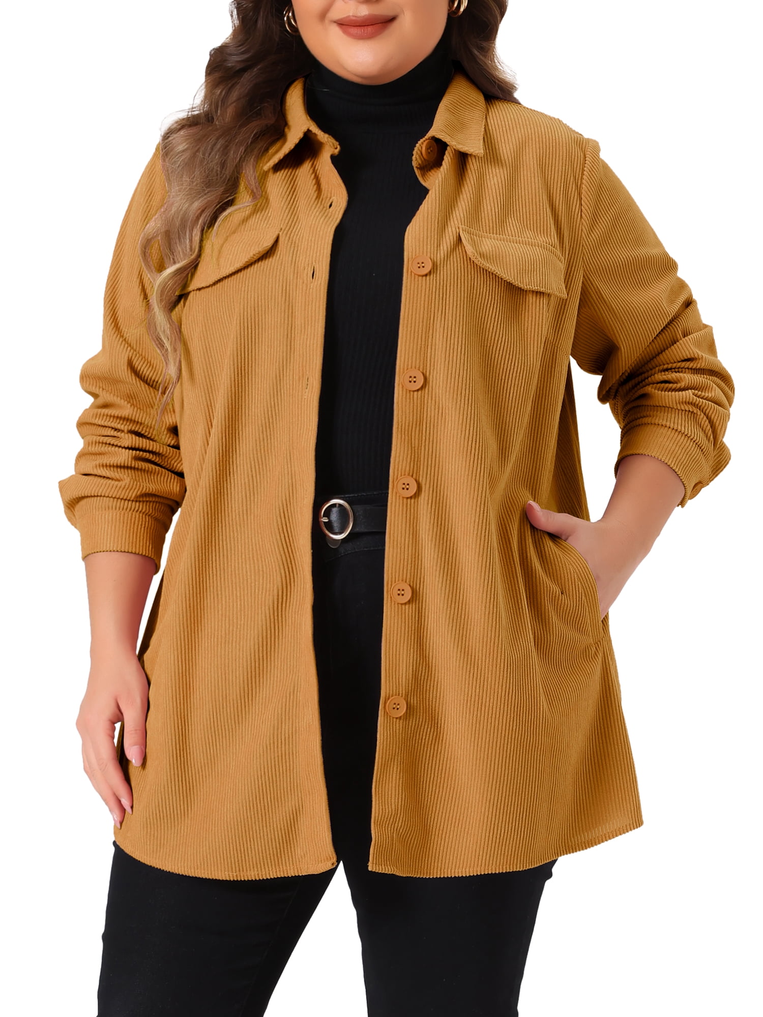 DARING DIVA Women's Plus Corduroy Shirts Button Down Shackets Jacket 2X Brown