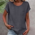 thumbnail image 2 of Vibrex Womens Shirts Short Sleeve Round Neck Solid Color Cotton Linen T Shirt Blouse Casual Pocket T-Shirt Loose Lounge Wear Summer Lightweight Top, 2 of 4