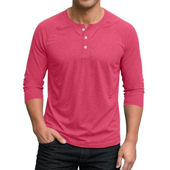 Dealovy Mens Shirts 3/4 Sleeve Crewneck Quarter Button Casual Daily Wear Breathable Tshirts for Men S-3XL