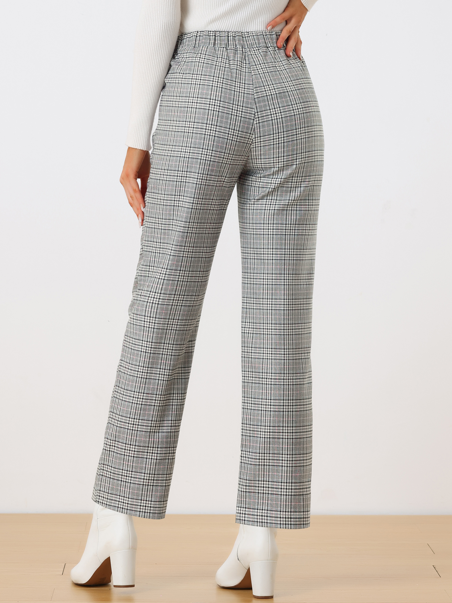 DARING DIVA Women's Plaid Trousers Pockets Straight Leg Casual Pant XS Black Gray