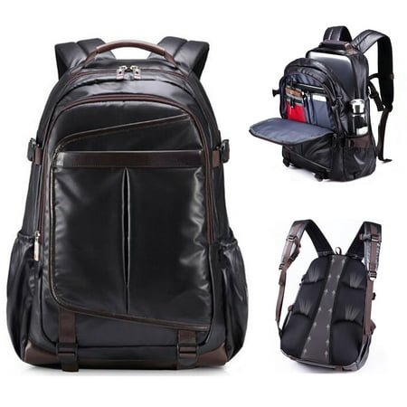 Men&#39;s Leather Backpack Waterproof Laptop School Shoulder Bag Travel Rucksack Black | Walmart Canada