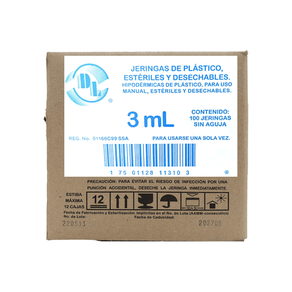Jeringas De Plastico Dl 3 Ml Sin Aguja Caja Con 100 Pzas